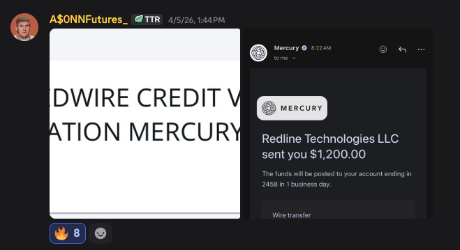 Discord screenshot showing Redline Technologies LLC sent a $1,200 Mercury payment.
