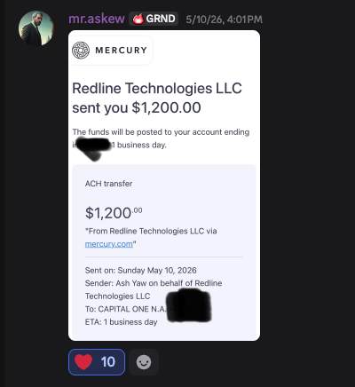 Mercury email screenshot showing Redline Technologies LLC sent $1,200.