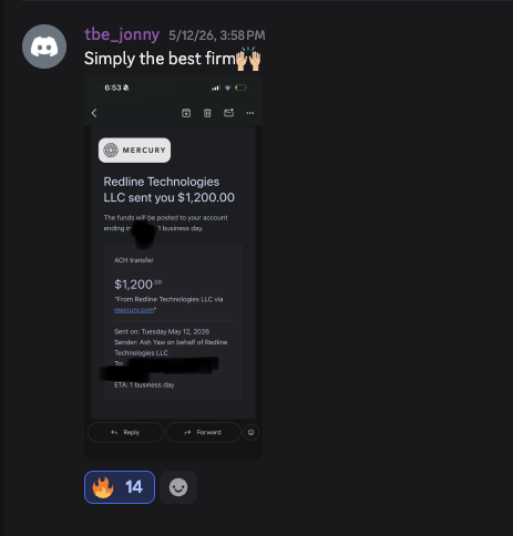 Discord screenshot from tbe_jonny showing a $1,200 Redline Technologies LLC Mercury payout.